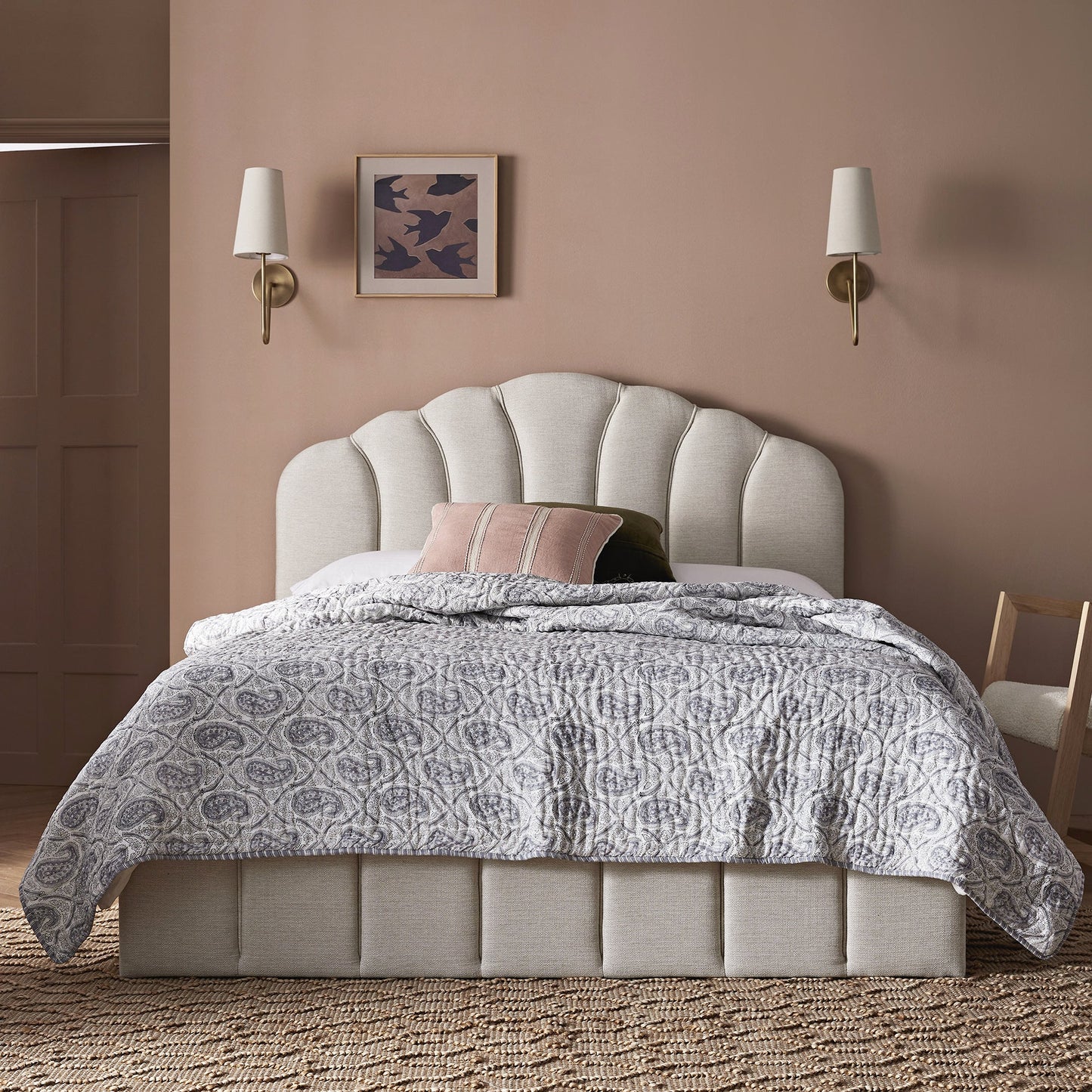 Lit coffre ottoman Hana, tissu tissé ivoire