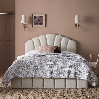 Lit coffre ottoman Hana, tissu tissé ivoire