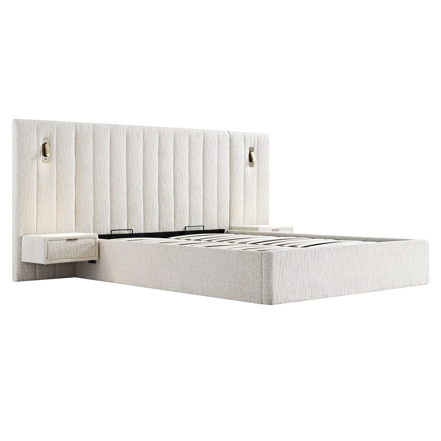 Lit coffre ottoman surdimensionné Tremezzo, tissu texturé beige