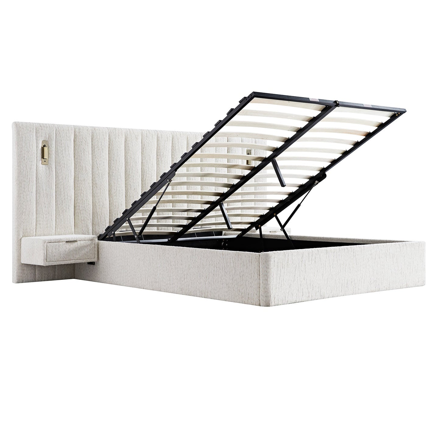 Lit coffre ottoman surdimensionné Tremezzo, tissu texturé beige