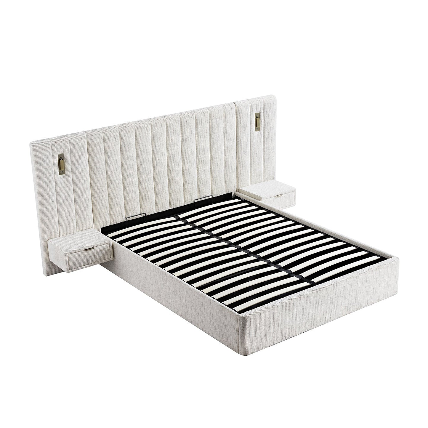 Lit coffre ottoman surdimensionné Tremezzo, tissu texturé beige