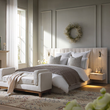 Lit coffre ottoman surdimensionné Tremezzo, tissu texturé beige