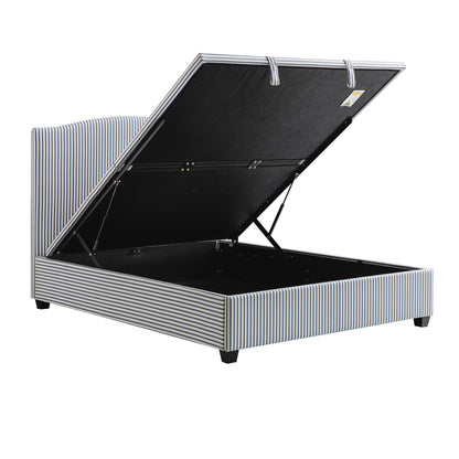 Lit ottoman rembourré Chilworth, mélange de lin à rayures bleues