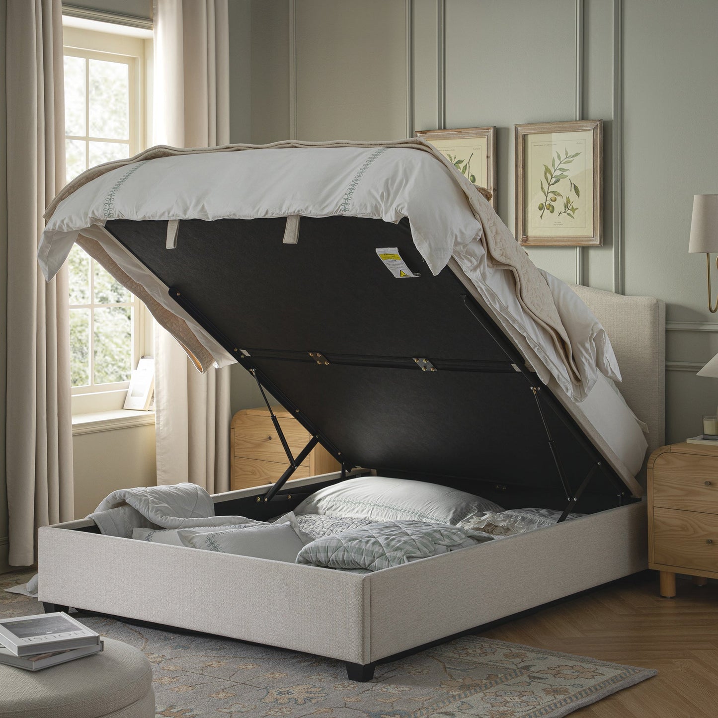 Lit ottoman de rangement rembourré Chilworth, tissu tissé ivoire