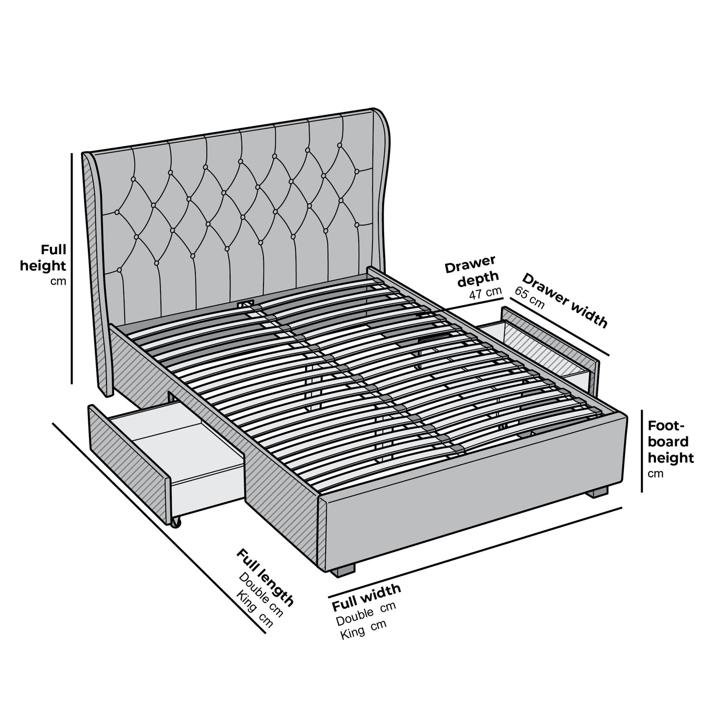 Lit de rangement rembourré à 2 tiroirs et dossier à oreilles boutonnés Weston (tissu gris)