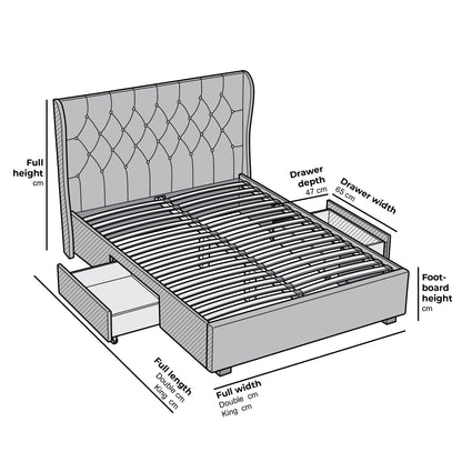 Lit de rangement rembourré à 2 tiroirs et dossier à oreilles boutonnés Weston (tissu gris)