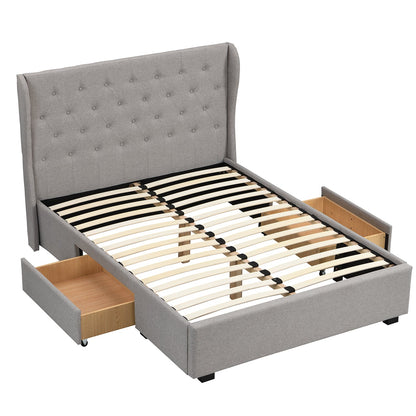 Lit de rangement rembourré à 2 tiroirs et dossier à oreilles boutonnés Weston (tissu gris)