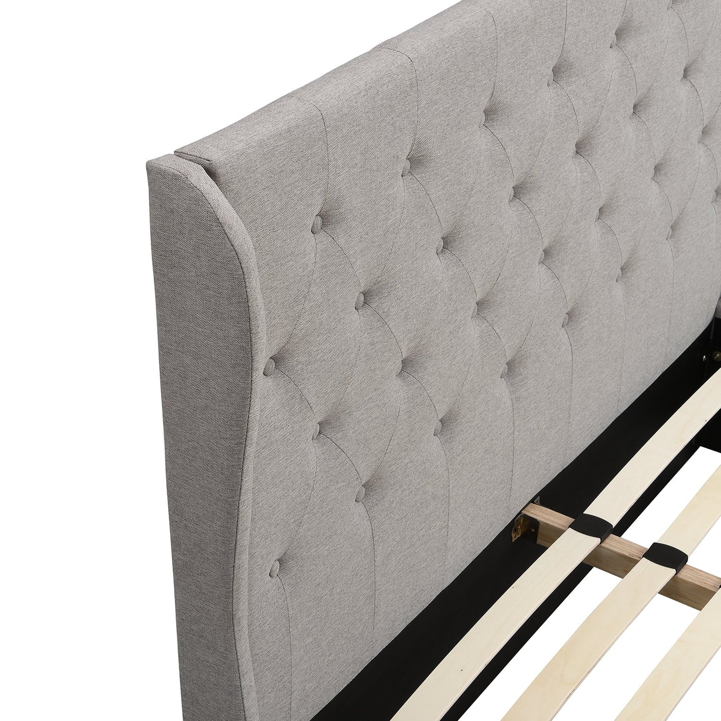 Lit de rangement rembourré à 2 tiroirs et dossier à oreilles boutonnés Weston (tissu gris)