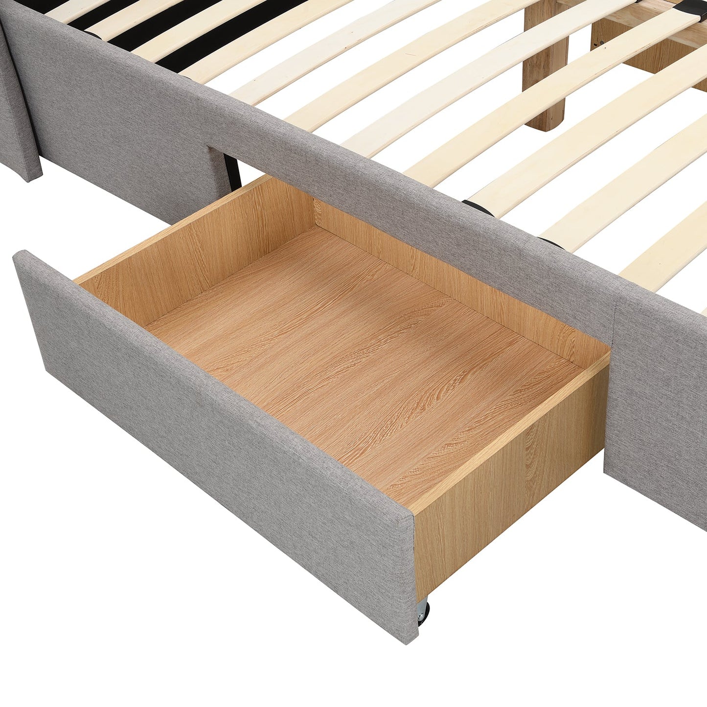 Lit de rangement rembourré à 2 tiroirs et dossier à oreilles boutonnés Weston (tissu gris)