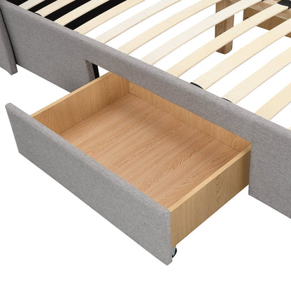 Lit de rangement rembourré à 2 tiroirs et dossier à oreilles boutonnés Weston (tissu gris)