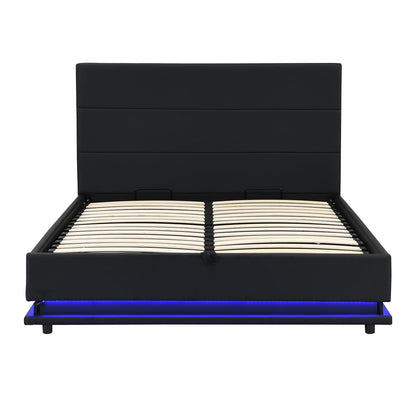Cadre de lit ottoman Buxton en similicuir avec ouverture latérale et bande lumineuse LED multicolore (PU noir)