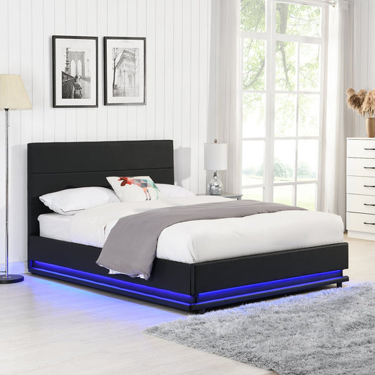 Cadre de lit ottoman Buxton en similicuir avec ouverture latérale et bande lumineuse LED multicolore (PU noir)