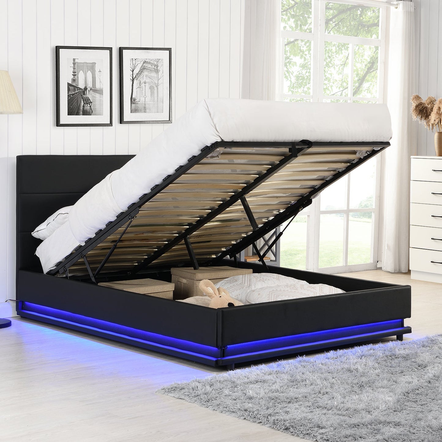 Cadre de lit ottoman Buxton en similicuir avec ouverture latérale et bande lumineuse LED multicolore (PU noir)