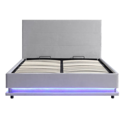 Cadre de lit ottoman Buxton avec ouverture latérale et bande lumineuse LED multicolore (velours gris clair)