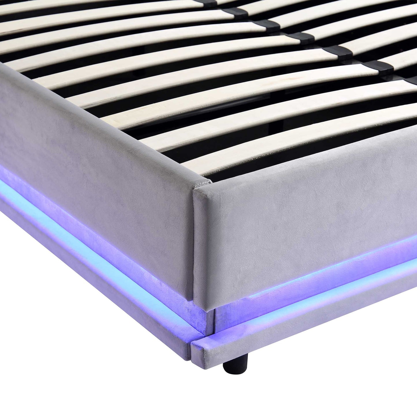 Cadre de lit ottoman Buxton avec ouverture latérale et bande lumineuse LED multicolore (velours gris clair)