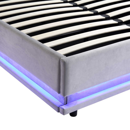 Cadre de lit ottoman Buxton avec ouverture latérale et bande lumineuse LED multicolore (velours gris clair)