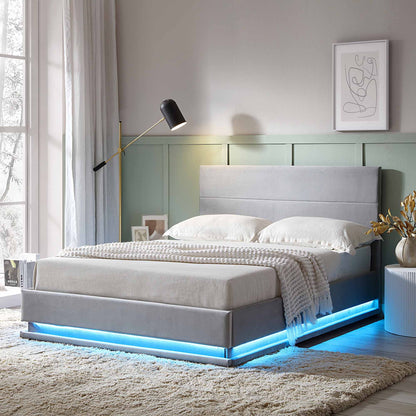 Cadre de lit ottoman Buxton avec ouverture latérale et bande lumineuse LED multicolore (velours gris clair)