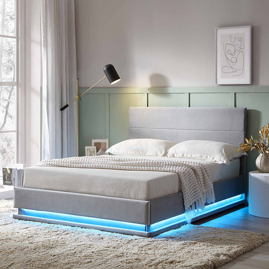 Cadre de lit ottoman Buxton avec ouverture latérale et bande lumineuse LED multicolore (velours gris clair)