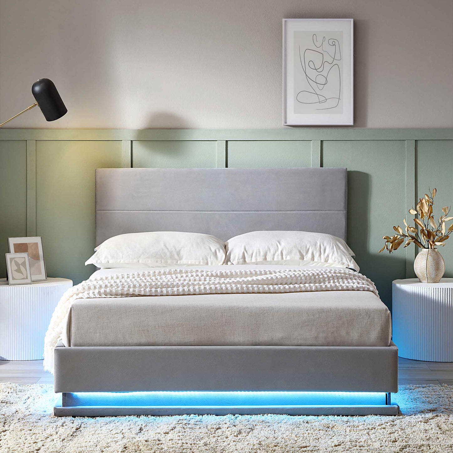 Cadre de lit ottoman Buxton avec ouverture latérale et bande lumineuse LED multicolore (velours gris clair)