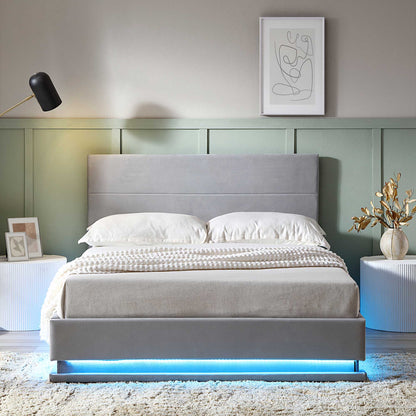 Cadre de lit ottoman Buxton avec ouverture latérale et bande lumineuse LED multicolore (velours gris clair)