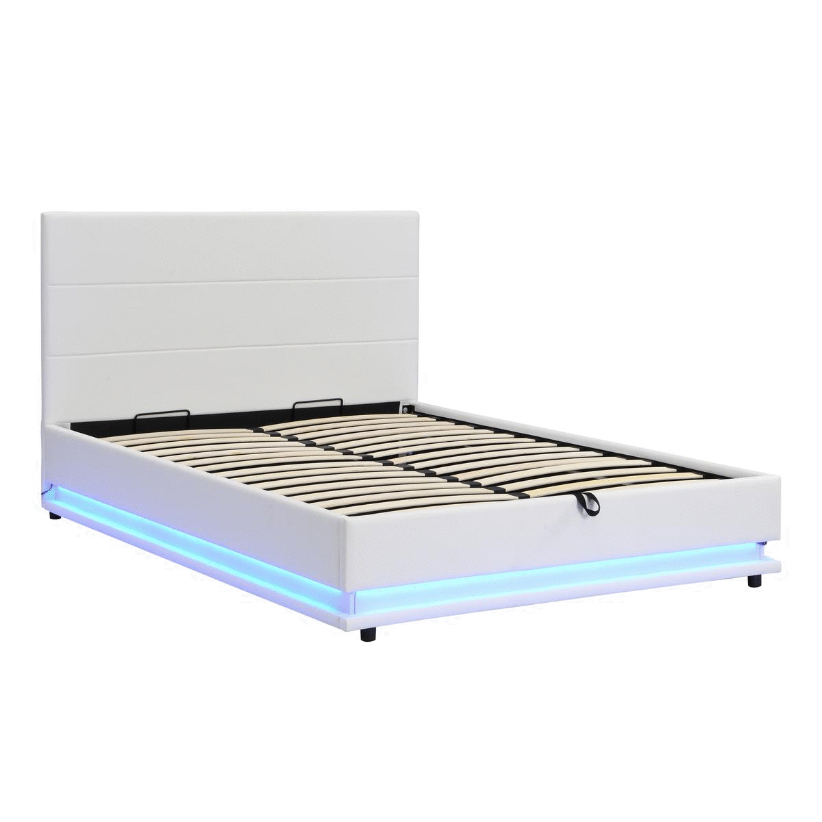 Cadre de lit ottoman Buxton en similicuir avec ouverture latérale et bande lumineuse LED multicolore (PU blanc)