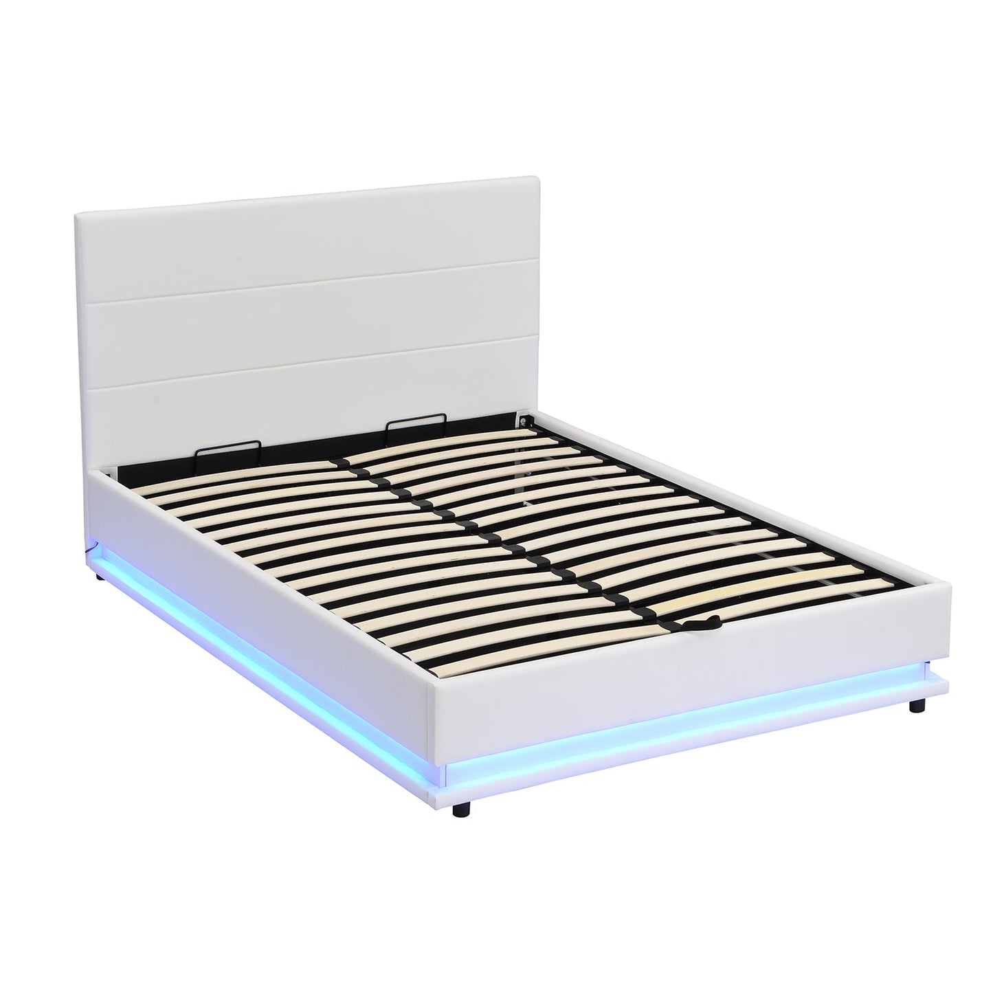 Cadre de lit ottoman Buxton en similicuir avec ouverture latérale et bande lumineuse LED multicolore (PU blanc)