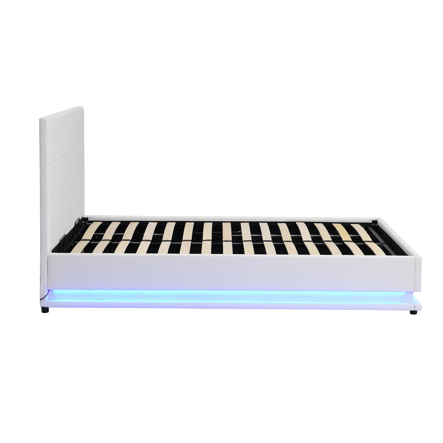Cadre de lit ottoman Buxton en similicuir avec ouverture latérale et bande lumineuse LED multicolore (PU blanc)