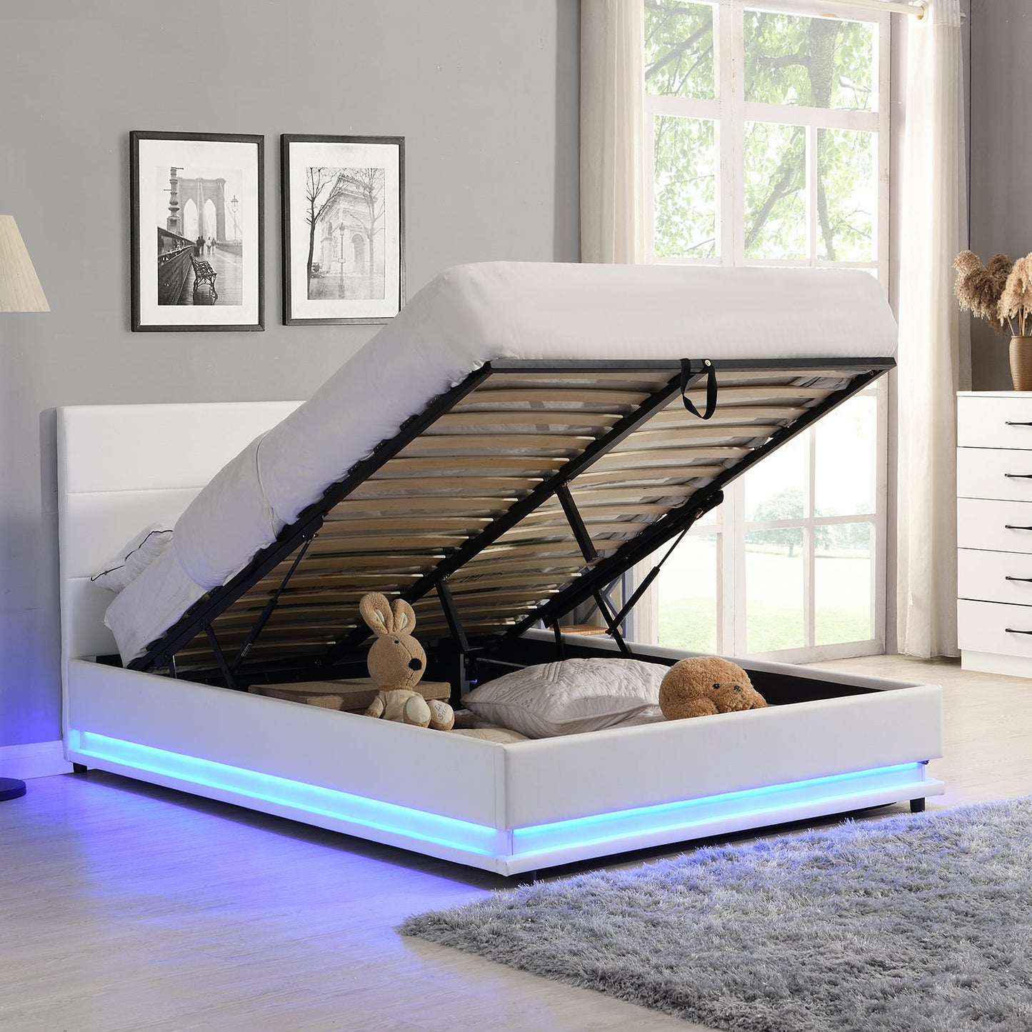 Cadre de lit ottoman Buxton en similicuir avec ouverture latérale et bande lumineuse LED multicolore (PU blanc)