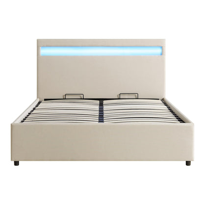 Cadre de lit ottoman Pimlico avec tête de lit à LED multicolore (tissu beige)