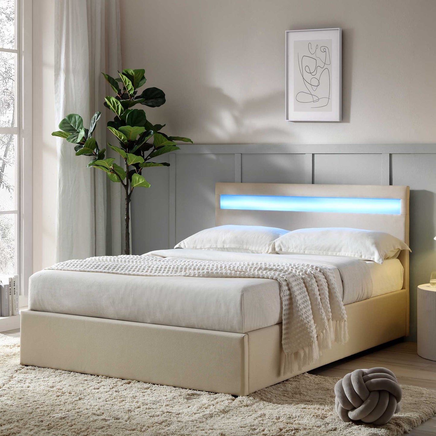 Cadre de lit ottoman Pimlico avec tête de lit à LED multicolore (tissu beige)