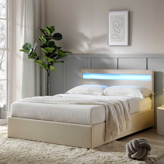 Cadre de lit ottoman Pimlico avec tête de lit à LED multicolore (tissu beige)