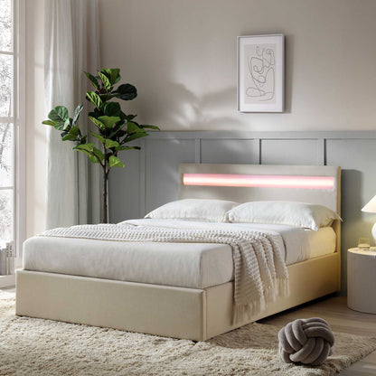 Cadre de lit ottoman Pimlico avec tête de lit à LED multicolore (tissu beige)
