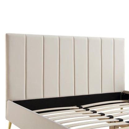 Cadre de lit rembourré en velours Sylvie avec pieds chromés dorés, velours champagne