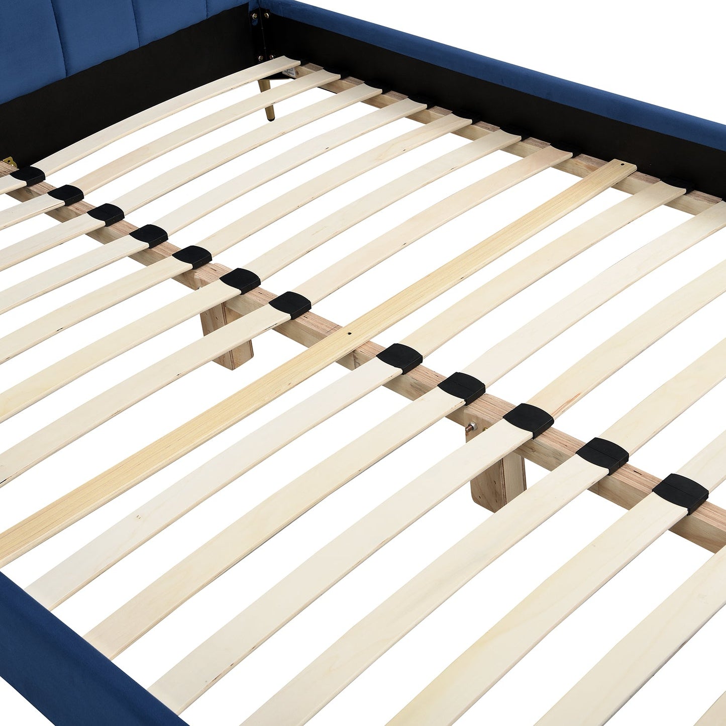 Cadre de lit rembourré en velours Sylvie avec pieds chromés dorés, velours bleu marine