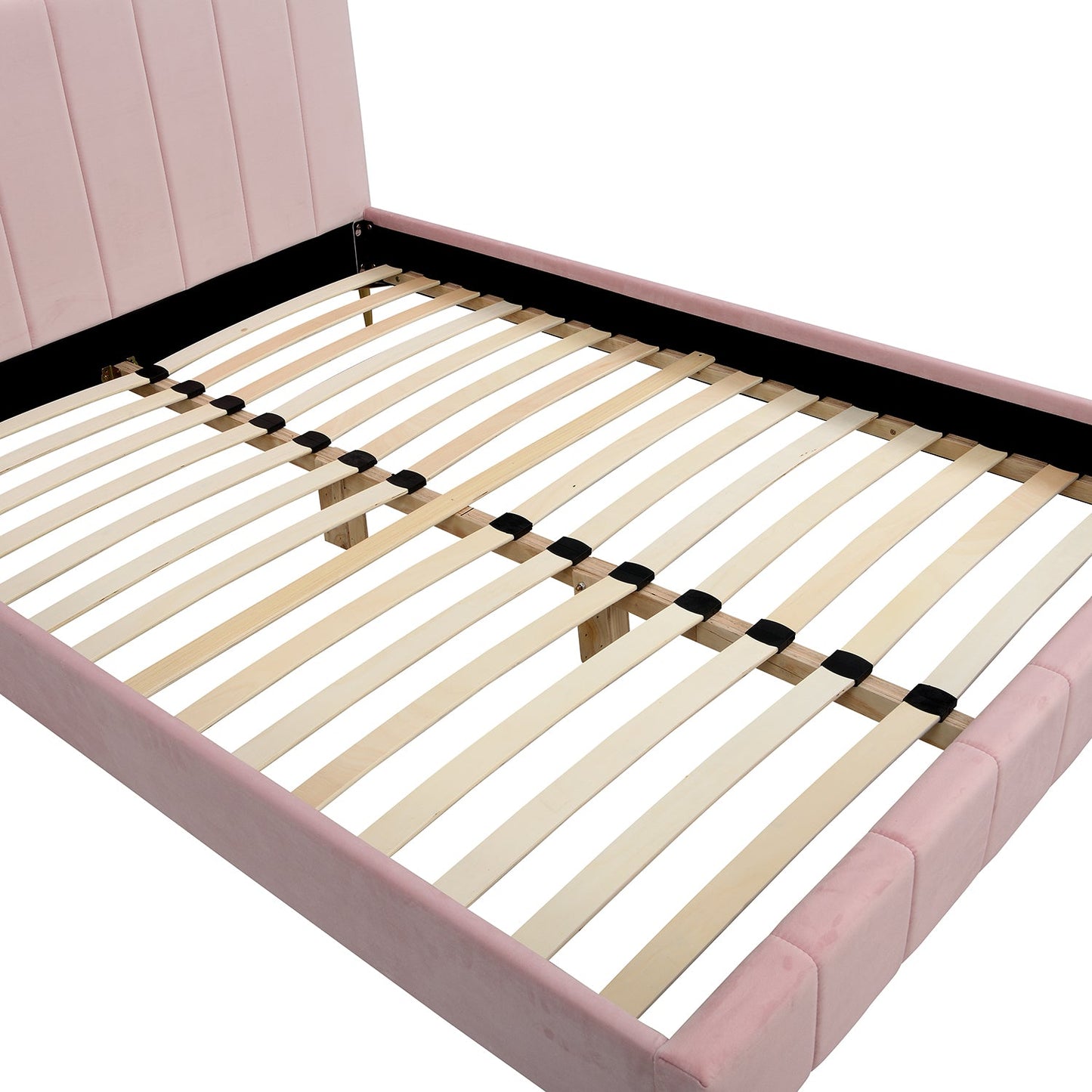 Cadre de lit rembourré en velours Sylvie avec pieds chromés dorés, velours rose