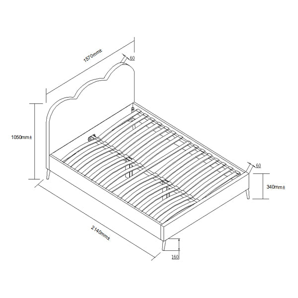 Cadre de lit rembourré en velours Gidea avec tête de lit festonnée et pieds chromés dorés