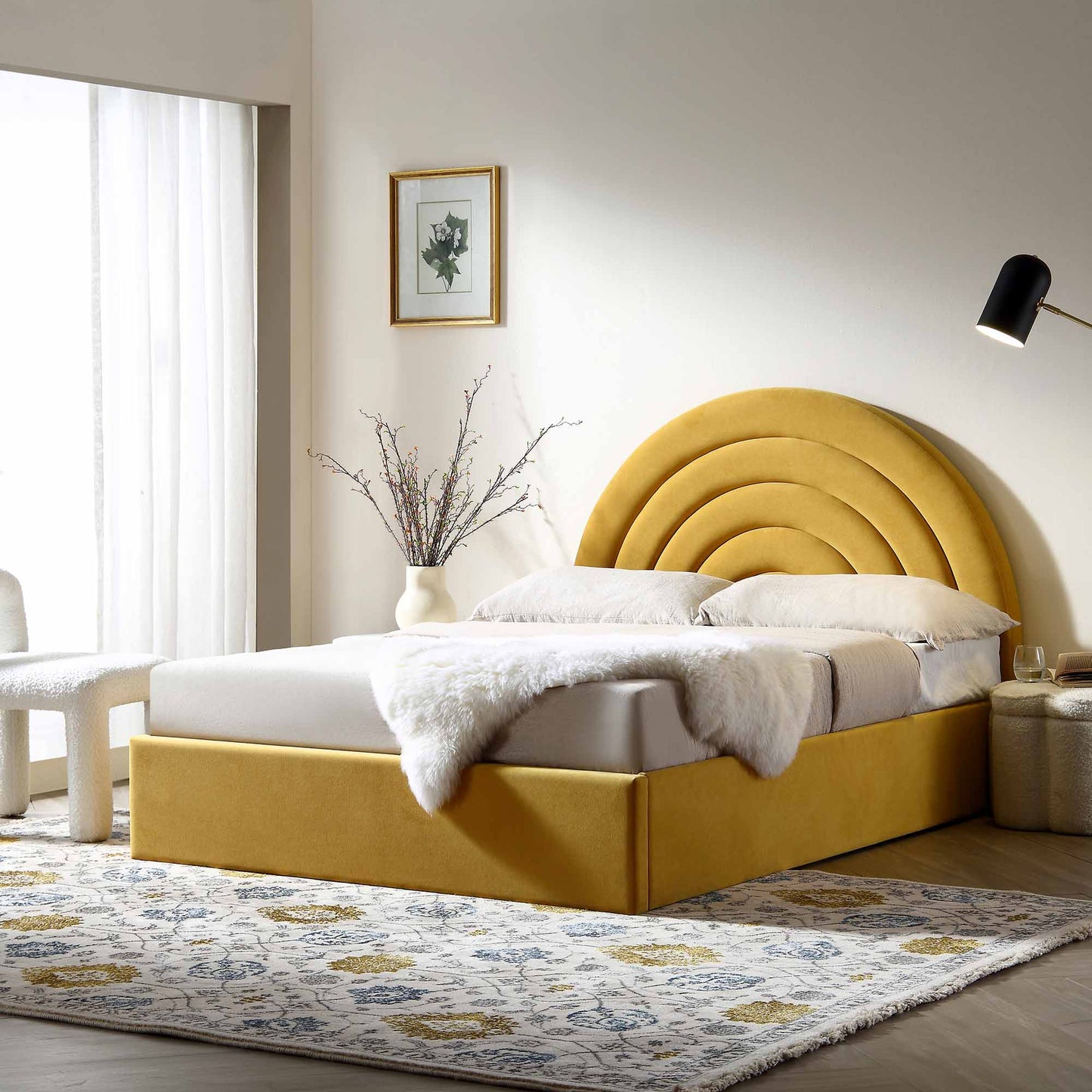 Lit coffre ottoman en velours jaune moutarde Archer