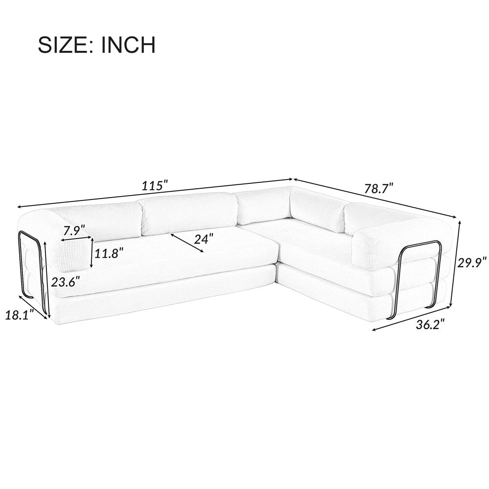 Canapé-lit modulaire en forme de L en tissu velours côtelé