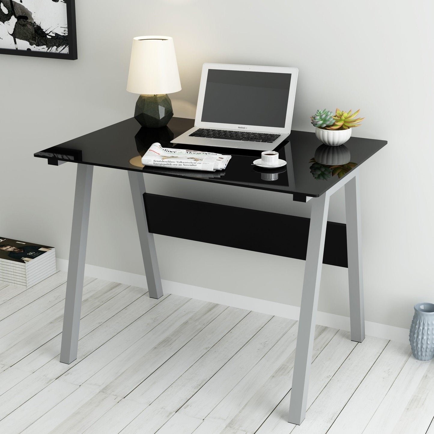 Bureau d'ordinateur avec plateau en verre trempé 100 x 70 x 75 cm, noir
