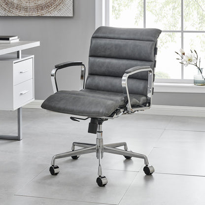 Chaise de bureau Kingston en similicuir effet vintage avec cadre chromé et base en aluminium gris