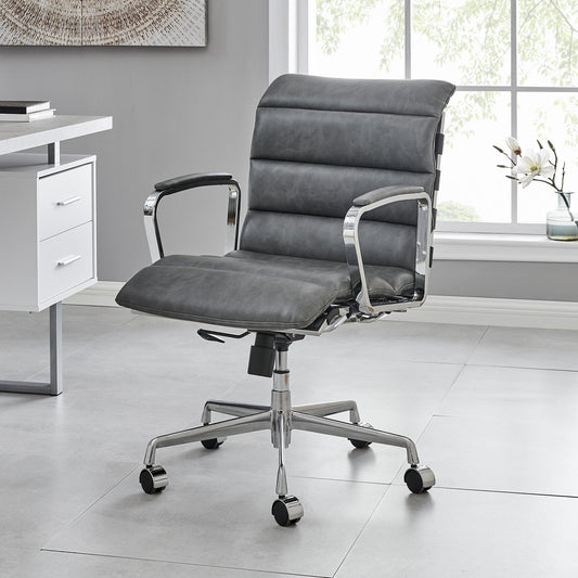 Chaise de bureau Kingston en similicuir effet vintage avec cadre chromé et base en aluminium gris