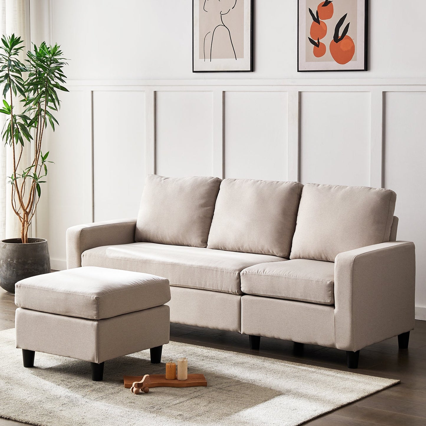 Canapé 3 places Campbell avec méridienne réversible en tissu tissé beige