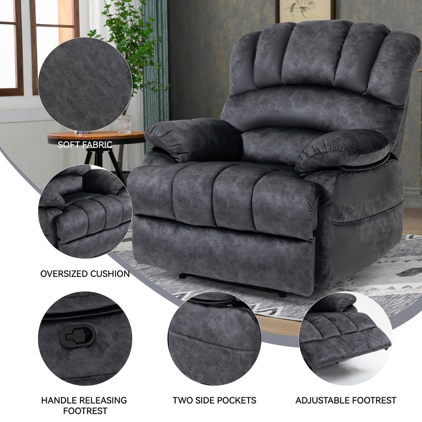 Grand fauteuil inclinable manuel pour adulte, canapé inclinable confortable en tissu, fauteuil inclinable rembourré pour salon
