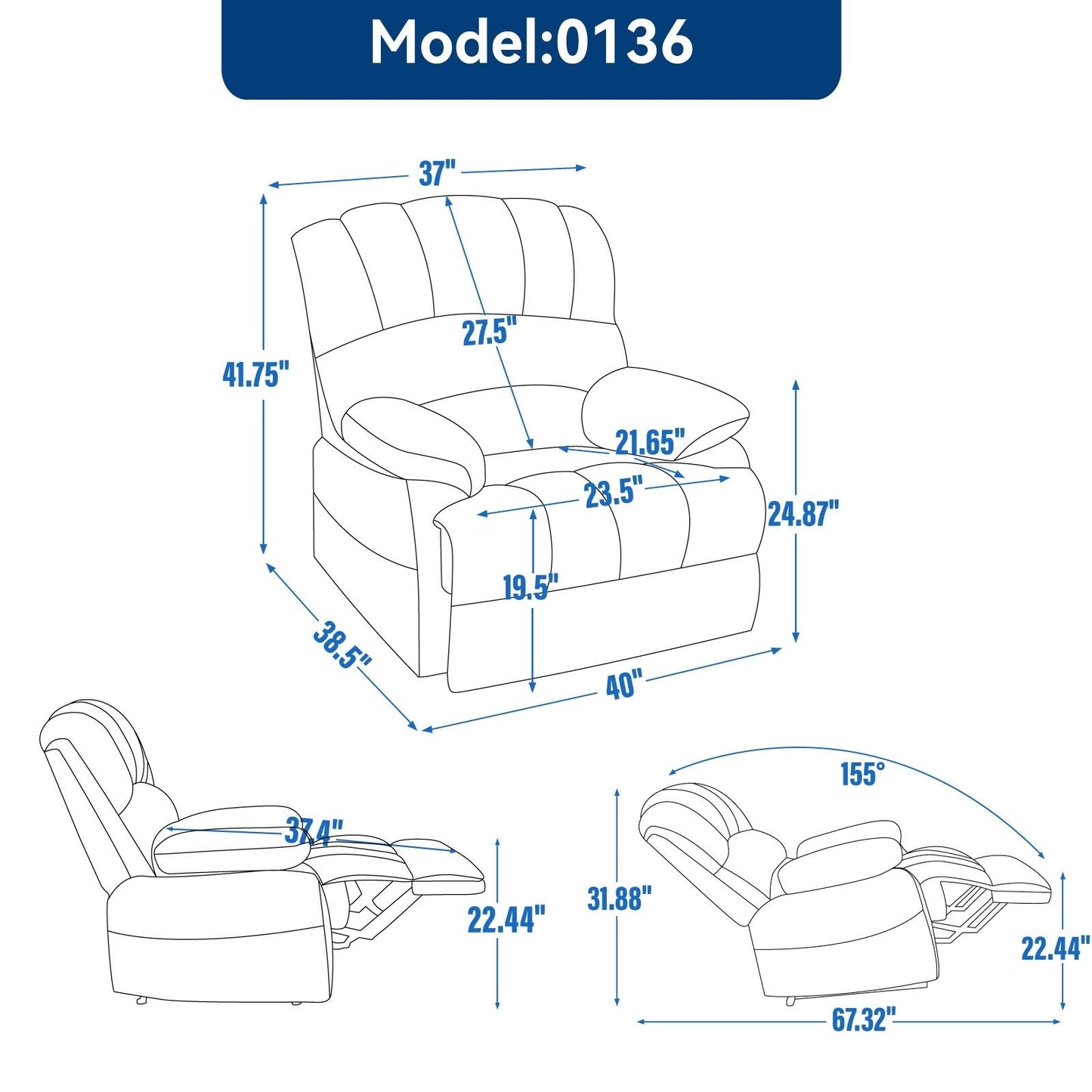 Grand fauteuil inclinable manuel pour adulte, canapé inclinable confortable en tissu, fauteuil inclinable rembourré pour salon