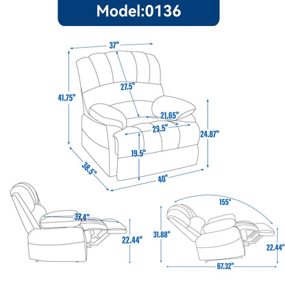 Grand fauteuil inclinable manuel pour adulte, canapé inclinable confortable en tissu, fauteuil inclinable rembourré pour salon