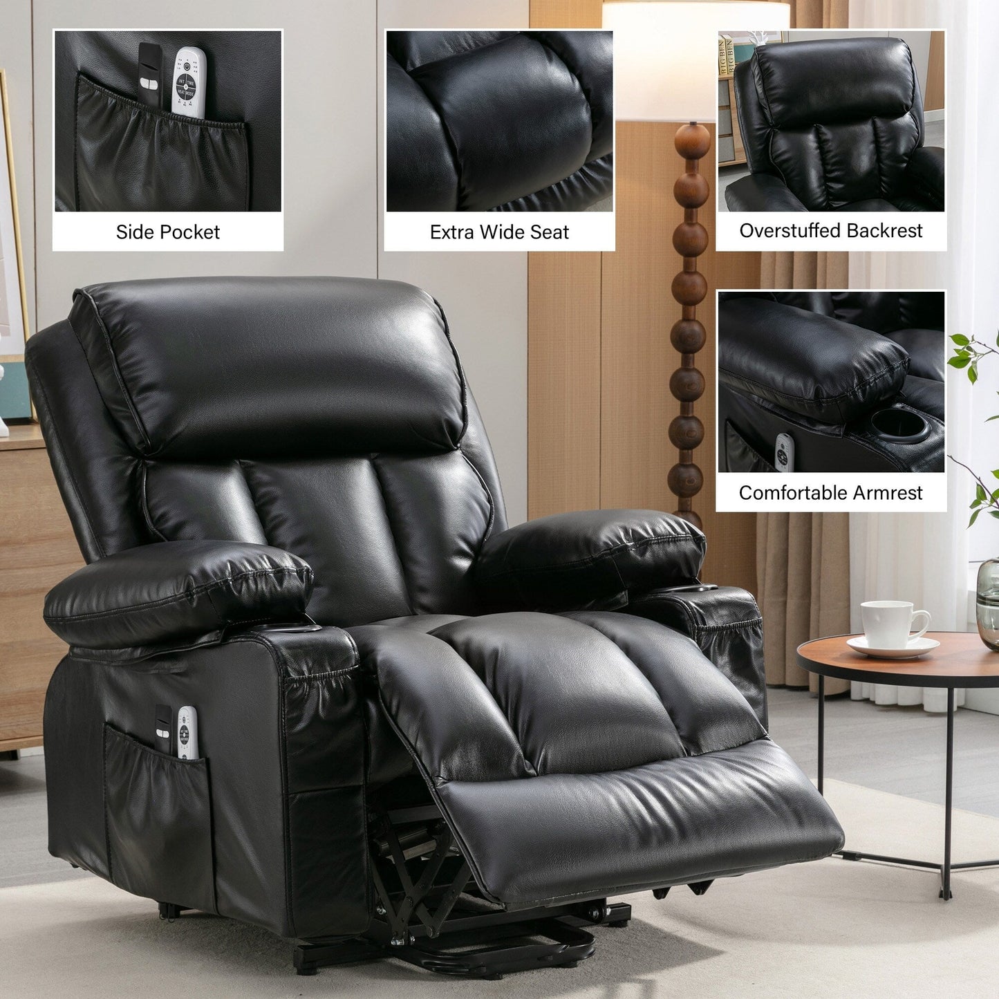 Grand fauteuil releveur électrique inclinable avec fonction chauffante et massage 8 points - Télécommande, port USB