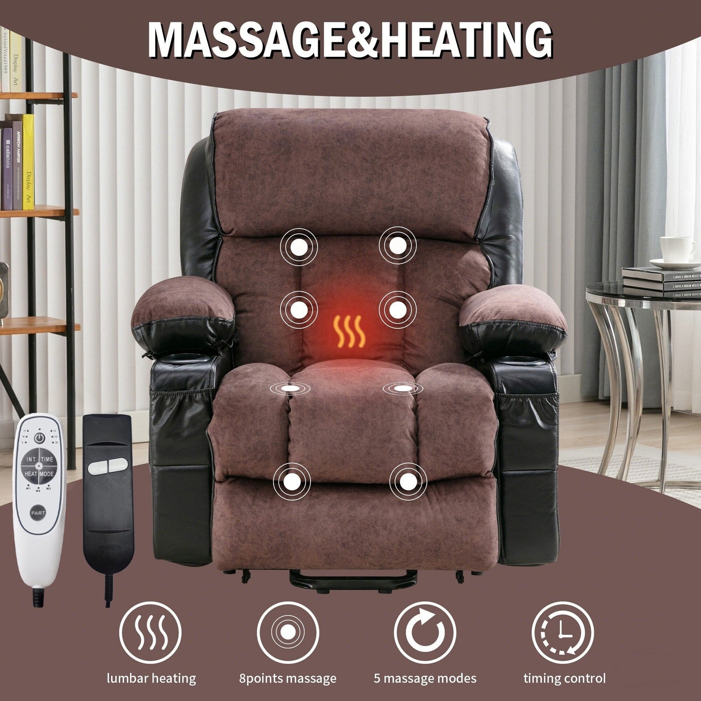 Grand fauteuil releveur électrique inclinable avec fonction chauffante et massage 8 points - Télécommande, port USB