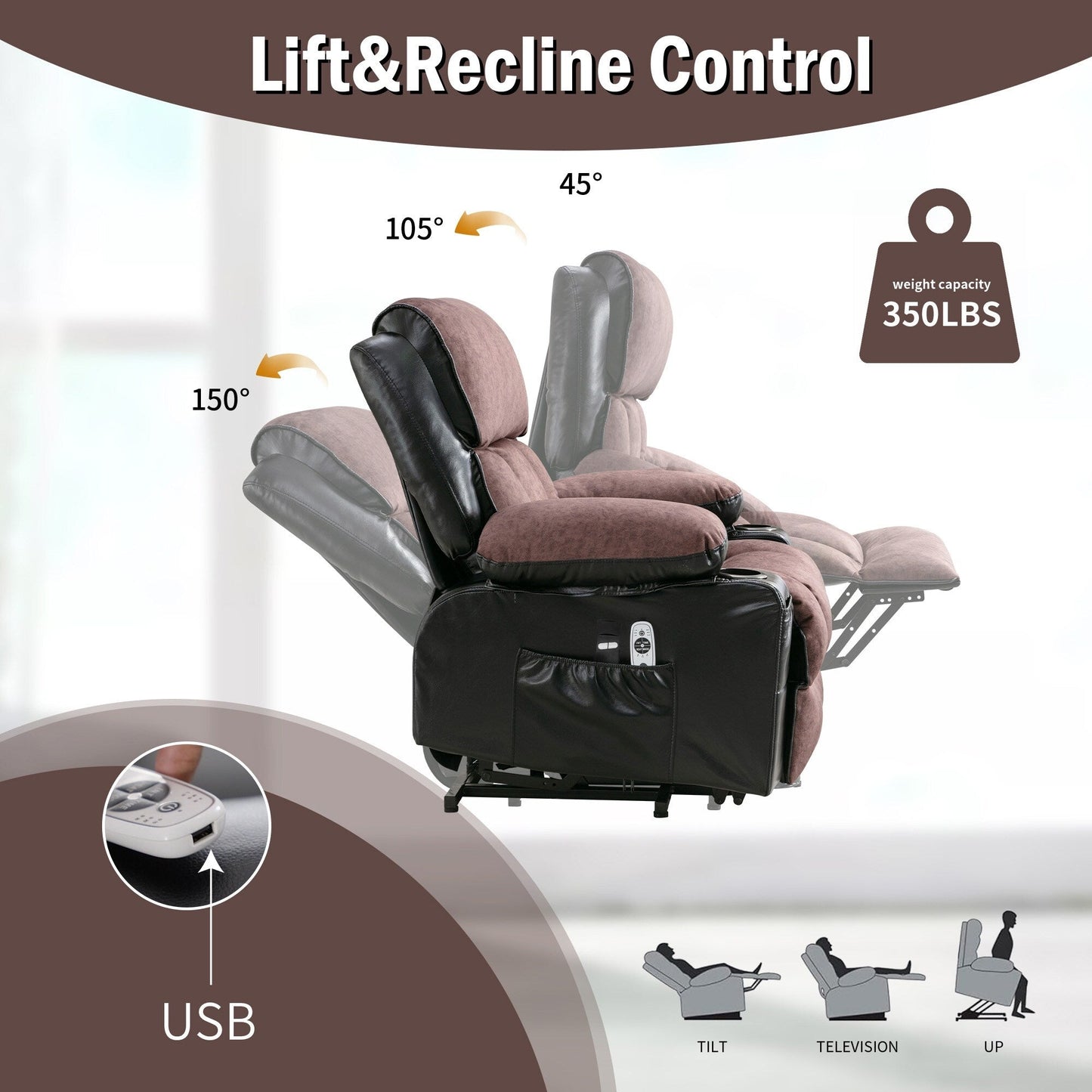 Grand fauteuil releveur électrique inclinable avec fonction chauffante et massage 8 points - Télécommande, port USB