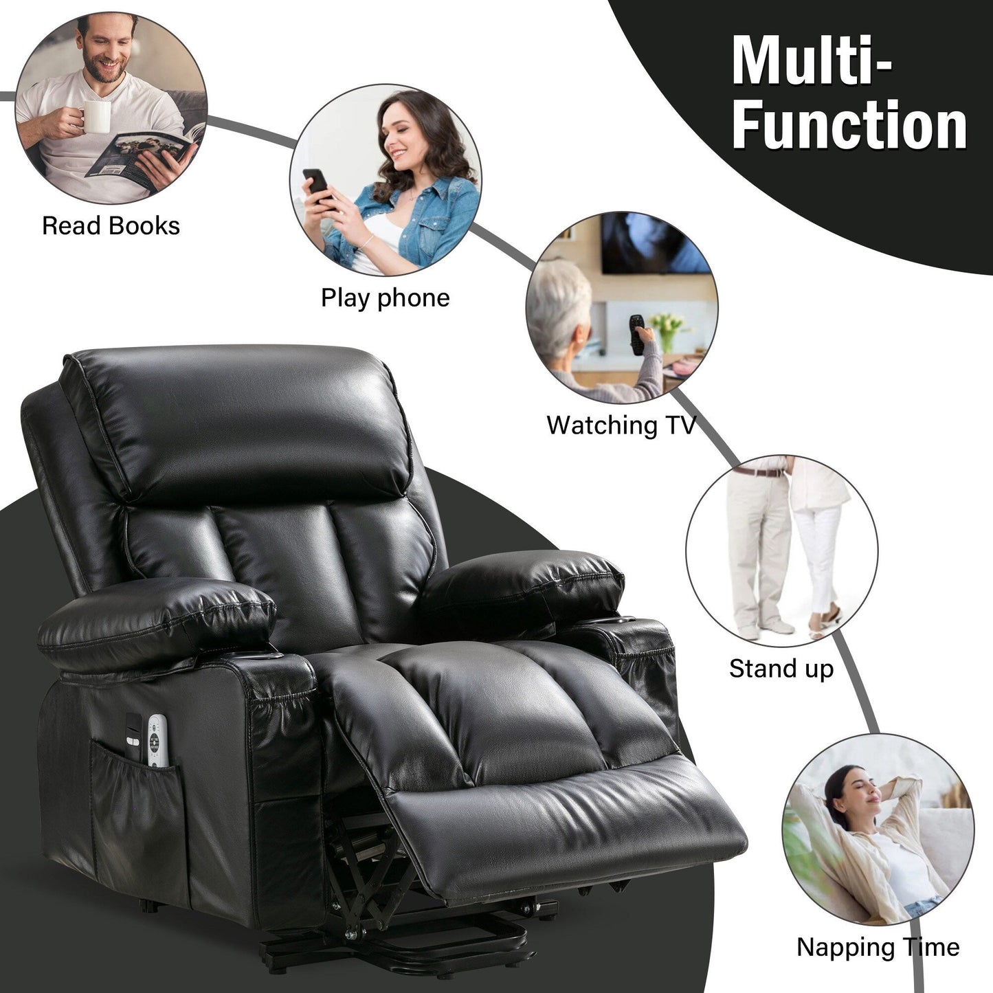 Grand fauteuil releveur électrique inclinable avec fonction chauffante et massage 8 points - Télécommande, port USB