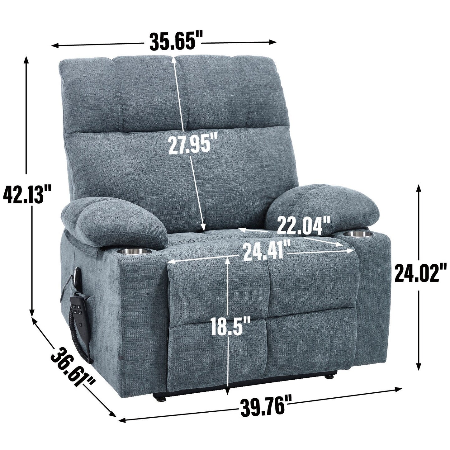 Fauteuil inclinable électrique Lazy Boy à double moteur en chenille avec fonction massage et chauffage lombaire, deux porte-gobelets, gris-bleu